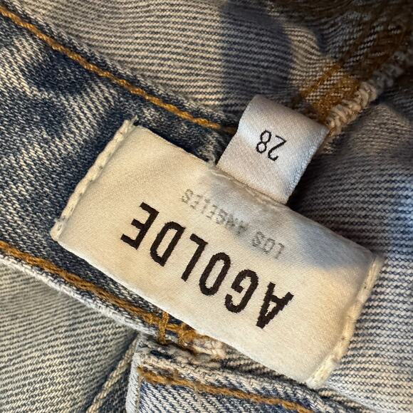 Agolde Criss Cross Straight Jeans Blue High-Rise Zip Button Raw Hem Pocket Sz 28 - Picture 4 of 6